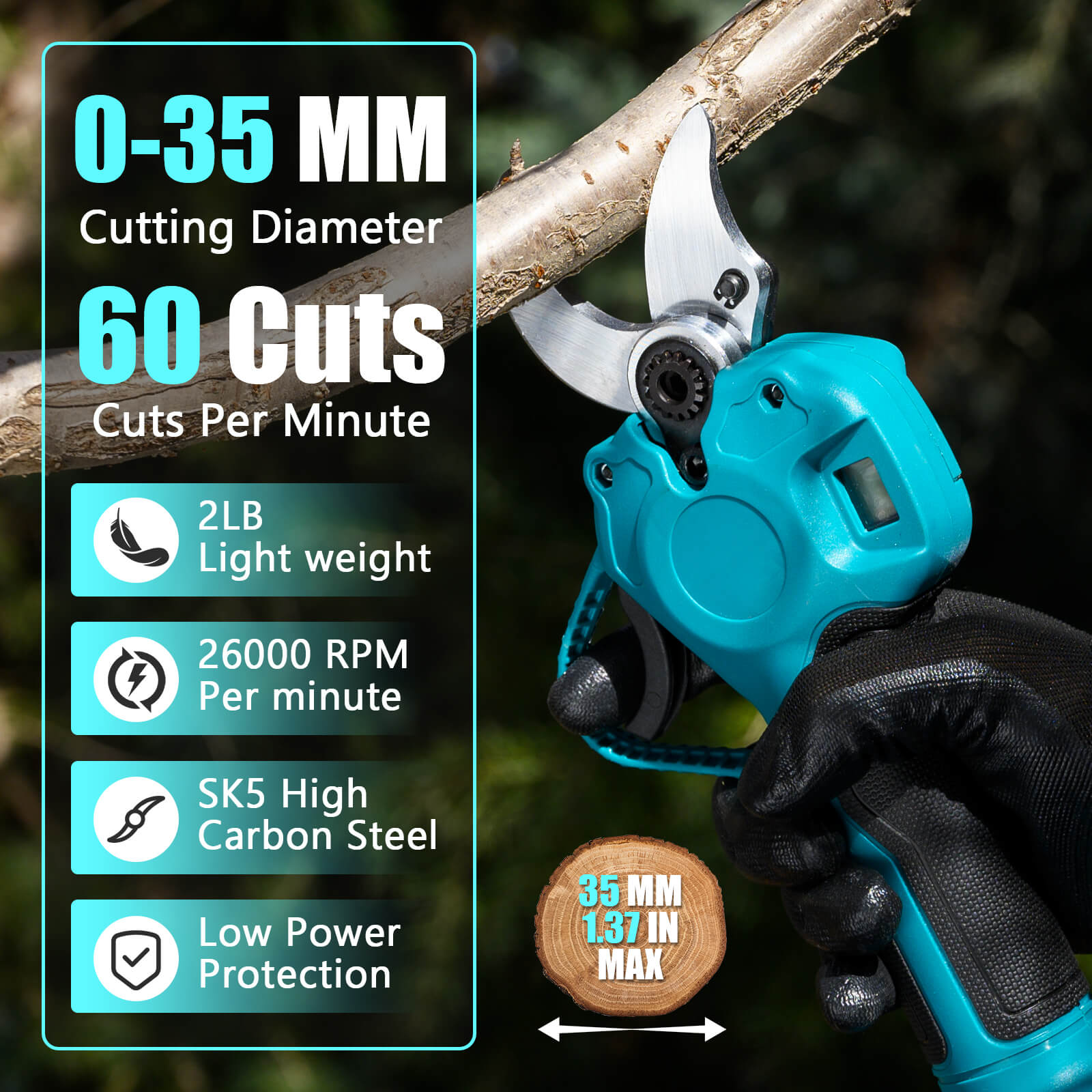 1.37″ Cordless Electric Pruning Shears – 221V Battery Powered-2