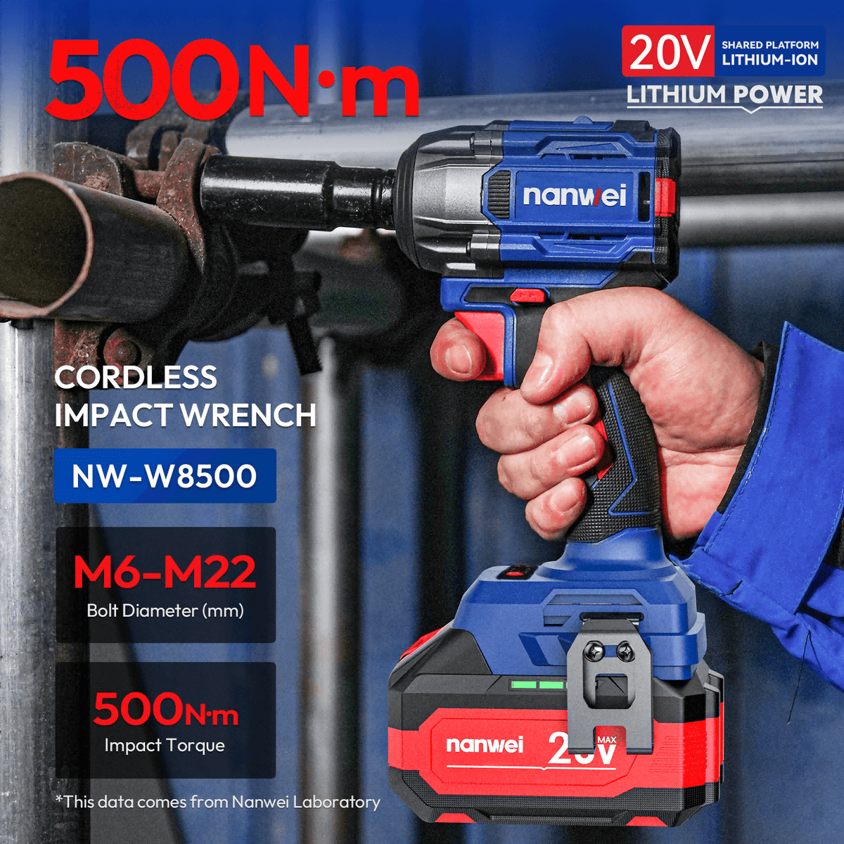 20V 1/2in 500 N·m (369 lb-ft) Impact Wrench W/Battery and Charger - W8500