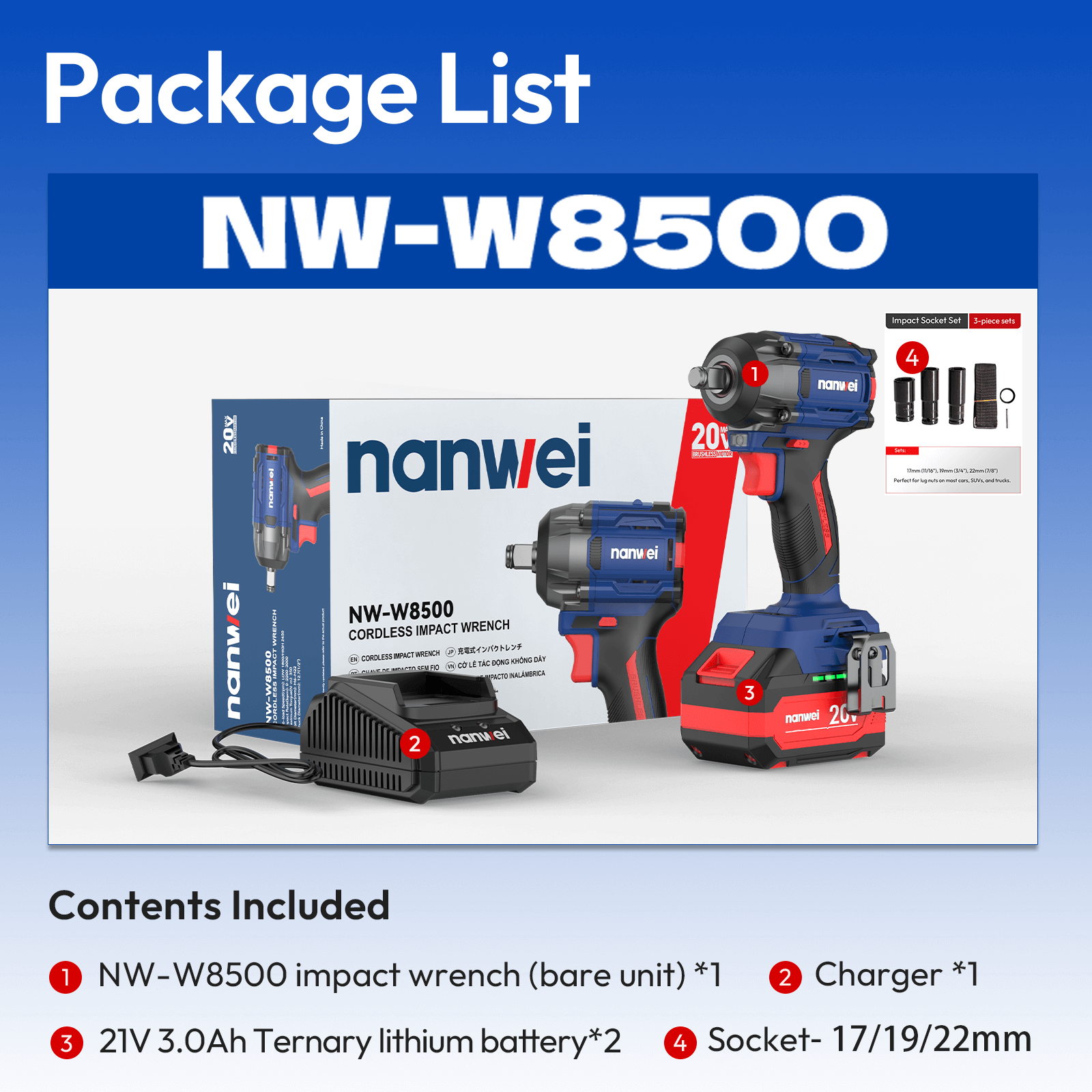 20V 1/2in 500 N·m (369 lb-ft) Impact Wrench W/Battery and Charger - W8500