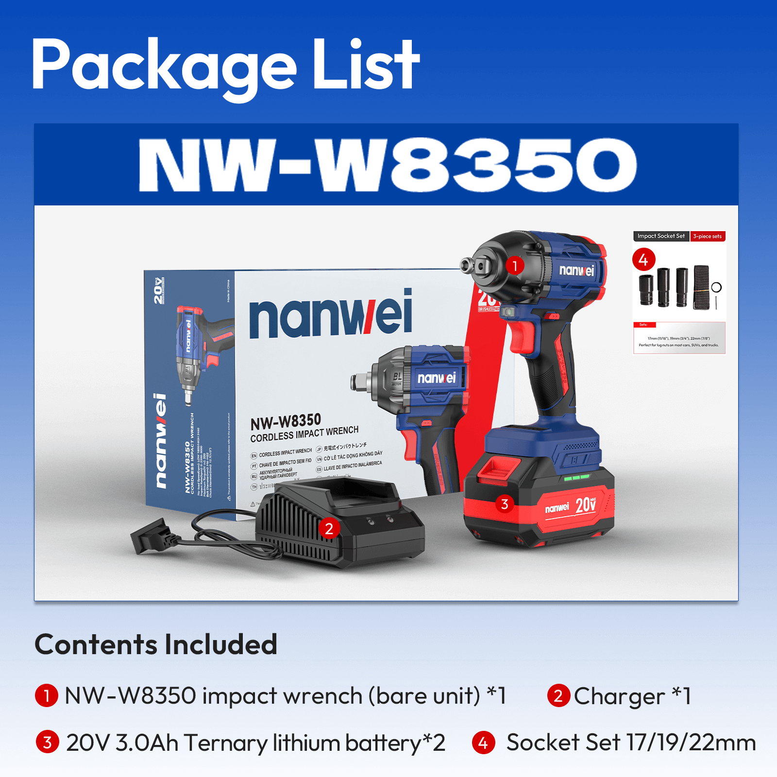 20V 1/2in Impact Wrench W/Battery and Charger - W8350