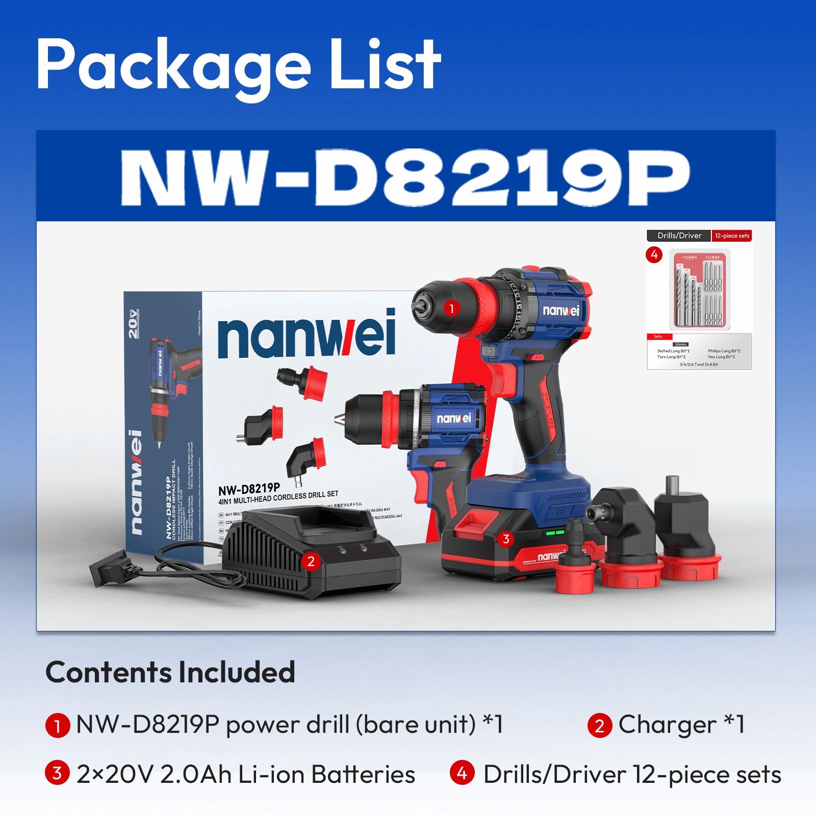20V 4 IN 1 Multi Head Cordless Drill Set D8219P