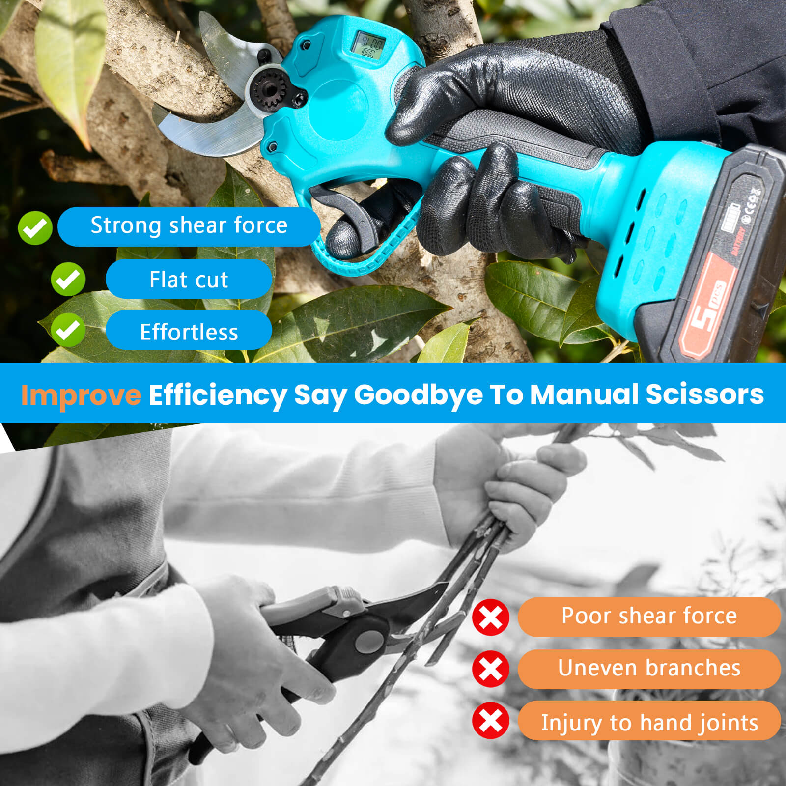 Lightweight Cordless 1.37″(35mm)  Pruning Shears – Easy-to-Use Electric Clippers for Women & Seniors-4