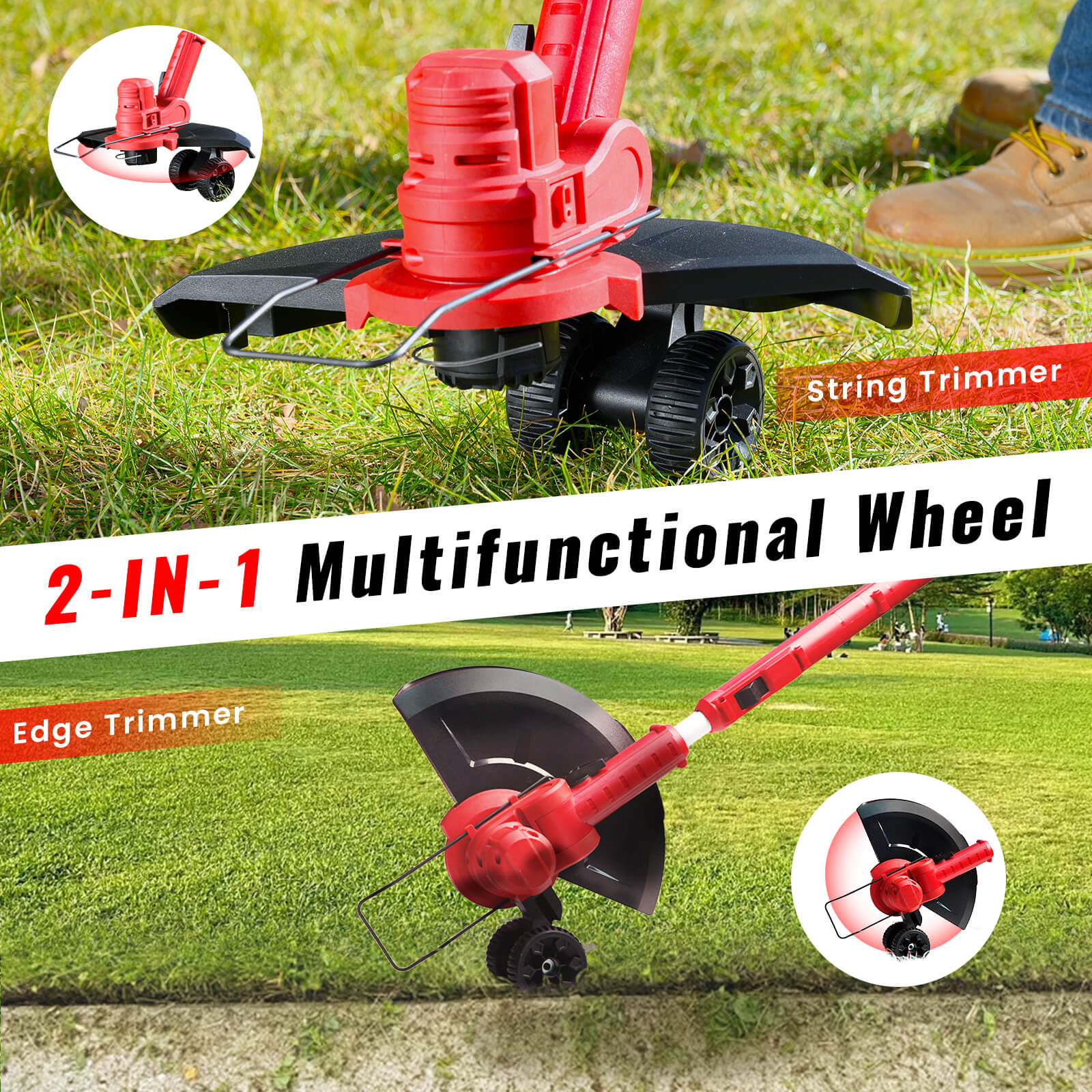 Lightweight Lawn Tool Cordless String & Edger Trimmer with Support Wheels-2