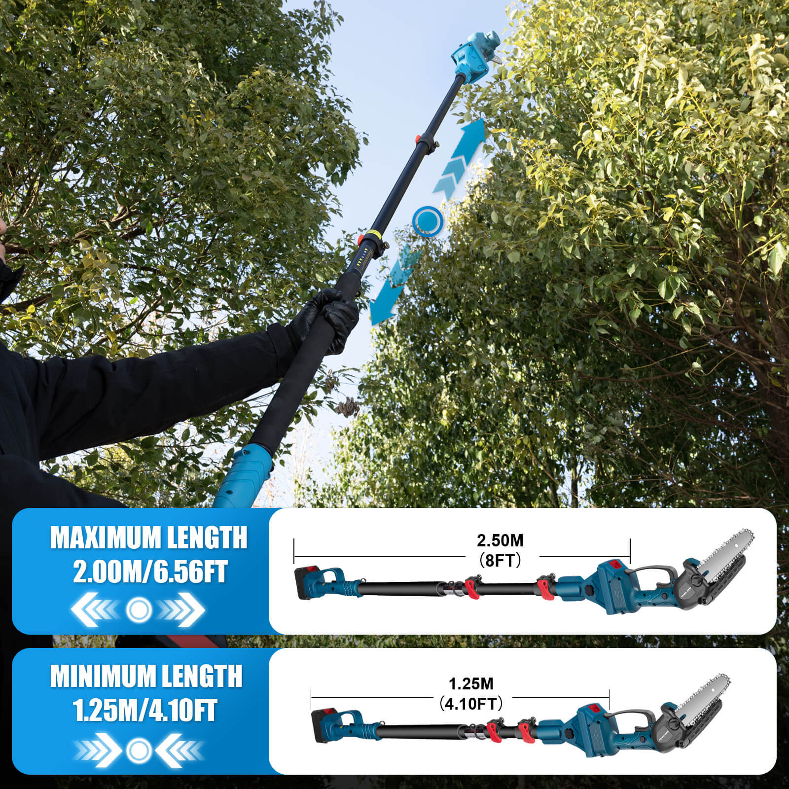 Max 8FT Extendable Pole Kit with 6” Cordless Mini Chainsaw & Electric Pruning Shears Limb Branch Cutter Pruner-2