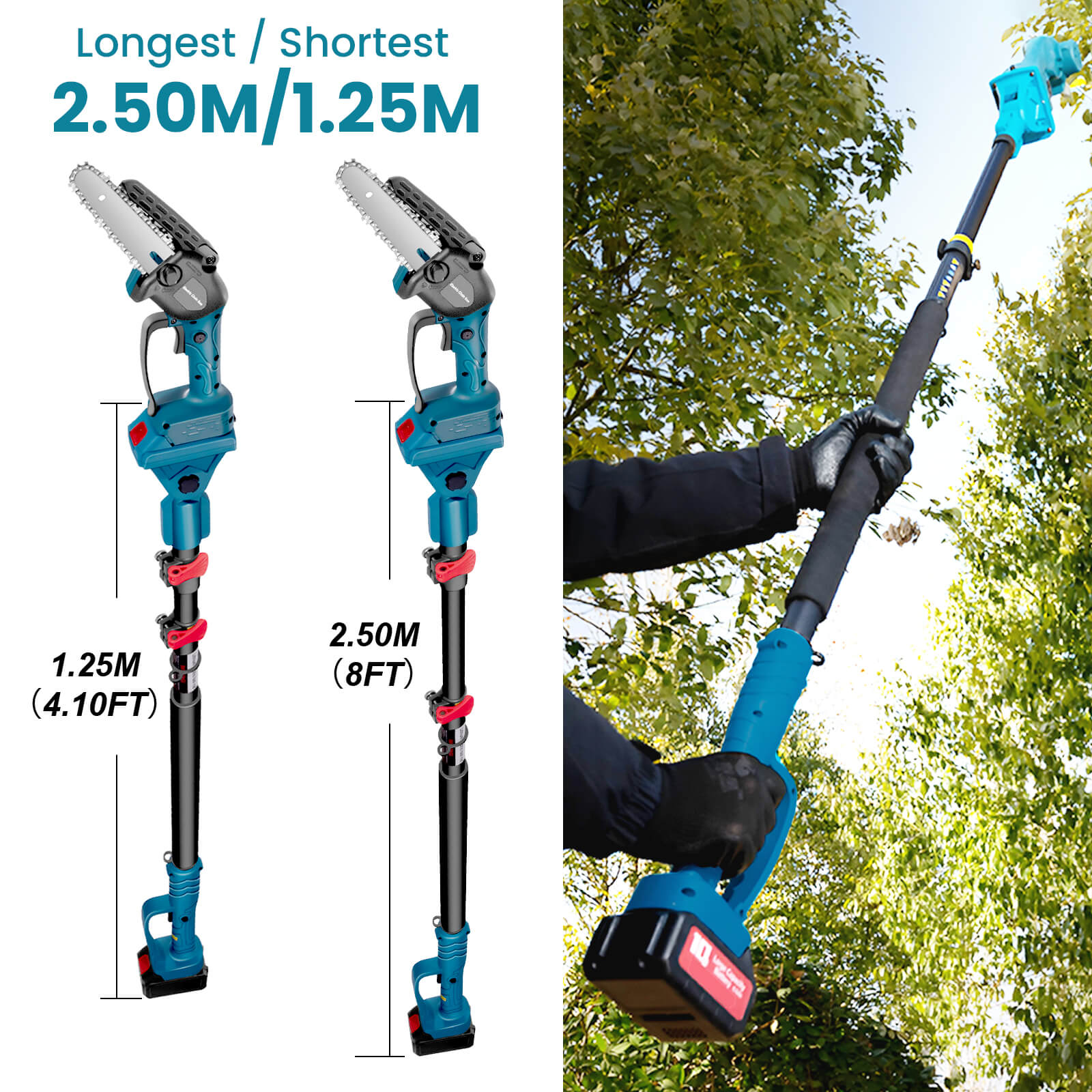 Reindeer 3 in 1 8ft Extension Pole Cordless 6 inch Mini Chainsaw and Electric Pruning Shears with 2 Battery for Tree Trimming-3