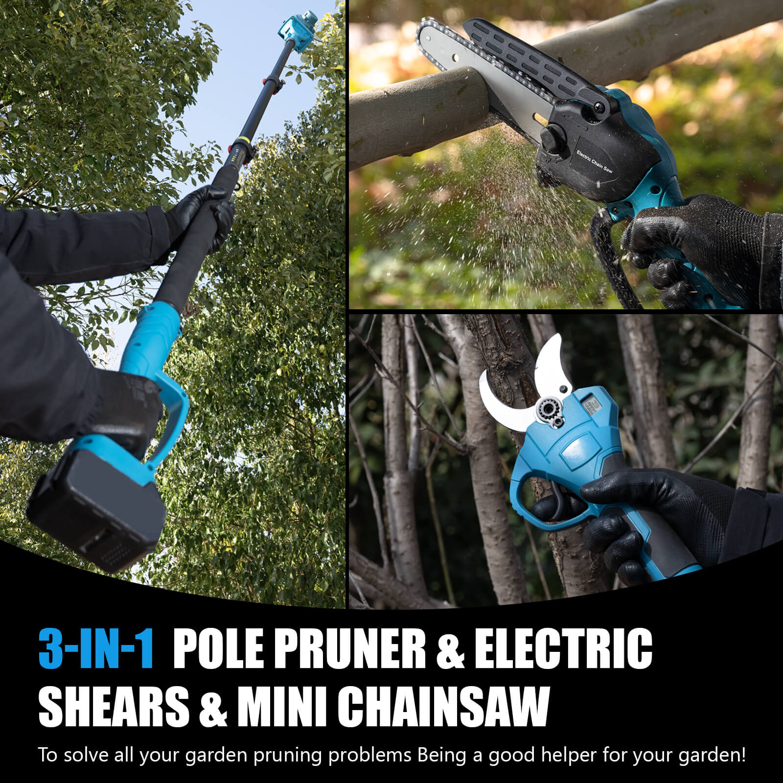 Reindeer 3 in 1 Max 8ft Extension Pole Kit with 6in Mini Chainsaw and Electric Pruning Shears-2