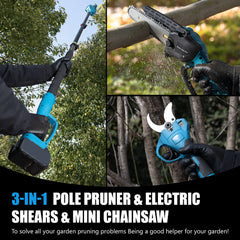 Reindeer 3 in 1 Max 8ft Extension Pole Kit with 6in Mini Chainsaw and Electric Pruning Shears-2