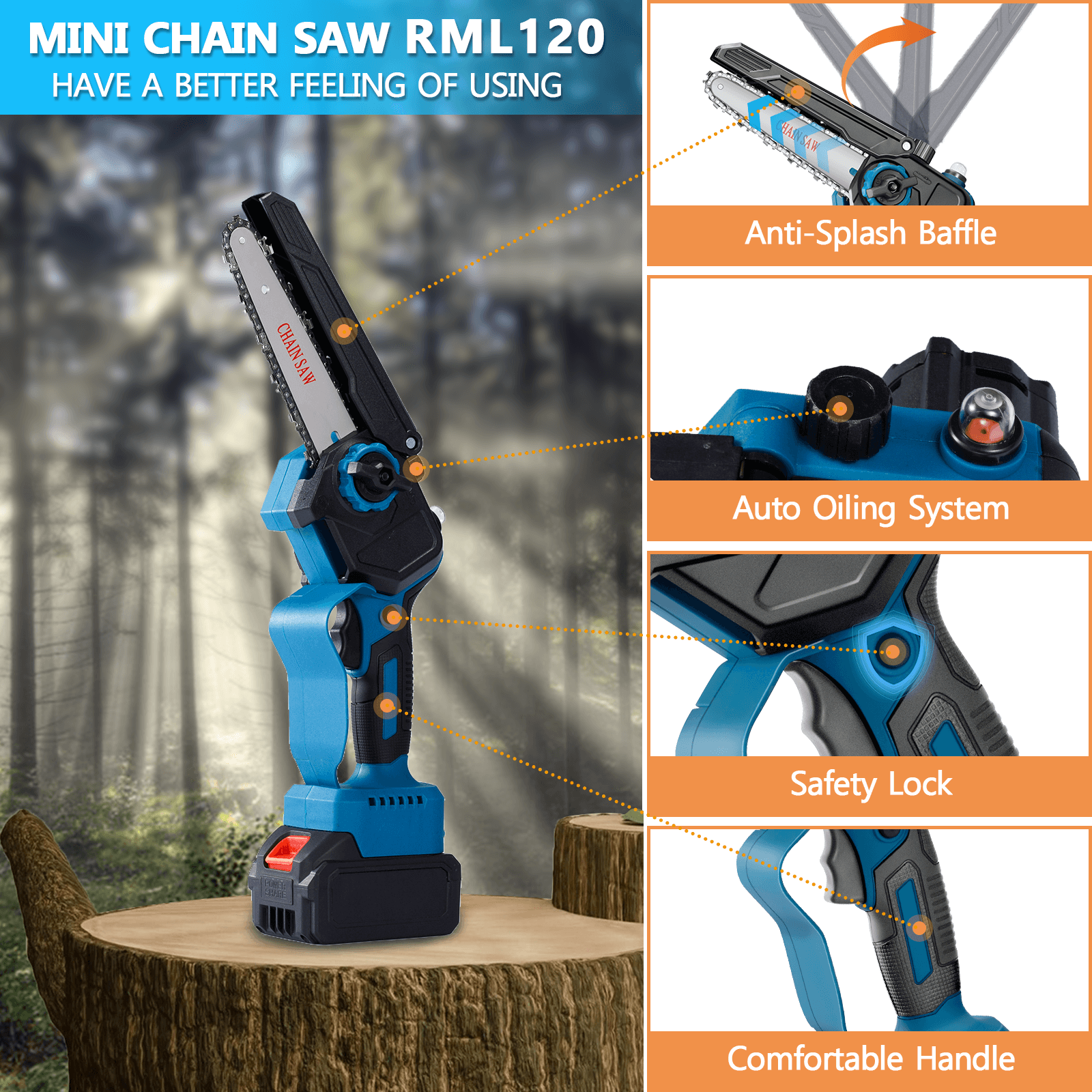 6" and 8" Cordless Mini Chainsaw Brushless Motor & Auto Oiler 3.0Ah Battery
